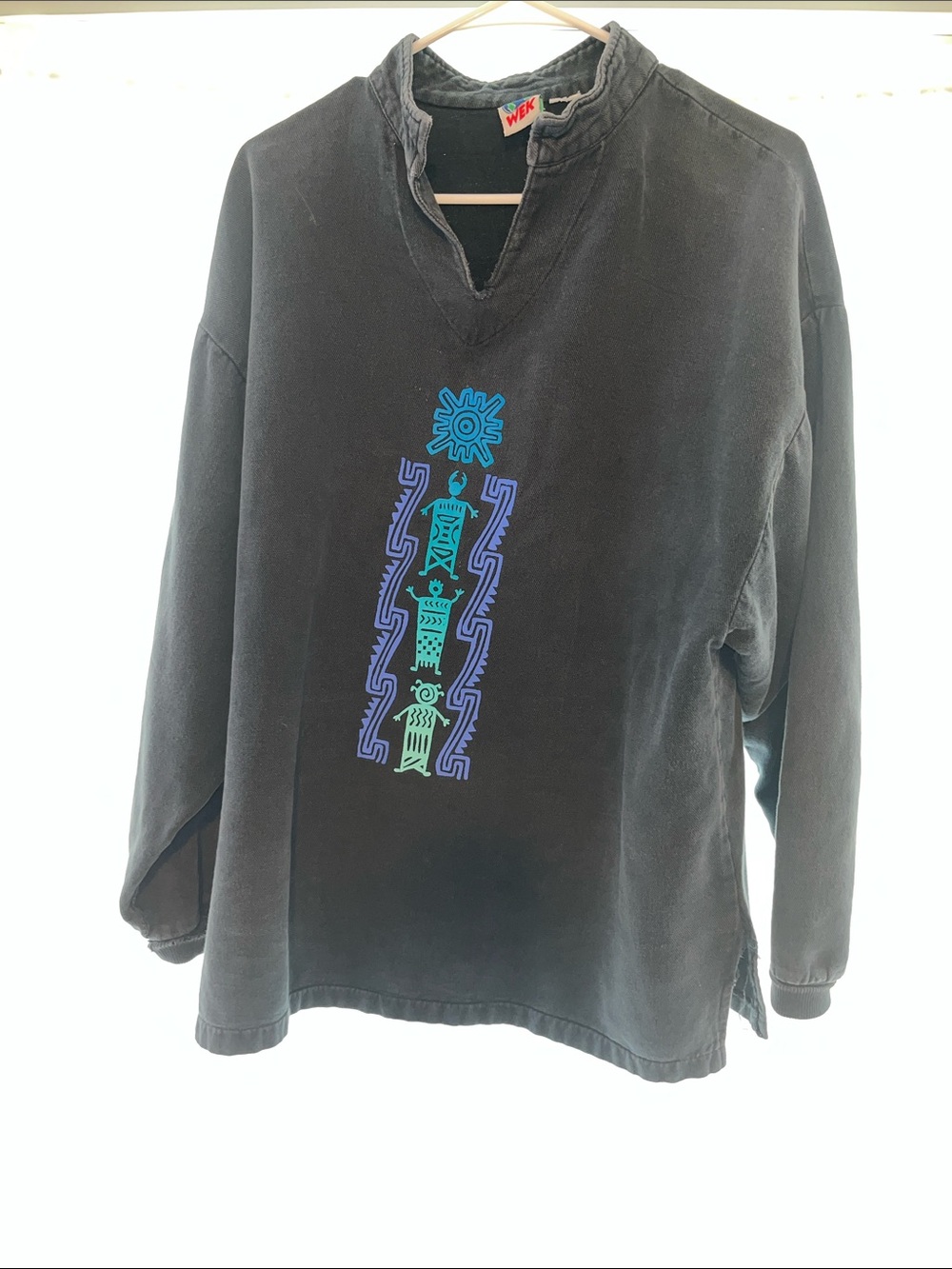 Vintage Wek Black Crewneck Sweater with Teal & Purple Southwest Graphics